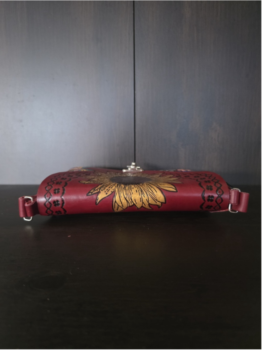Sunflower Butterfly Red Wine Embossed Tooled Artisan LEATHER Crossbody Purse Bag - Picture 10 of 16
